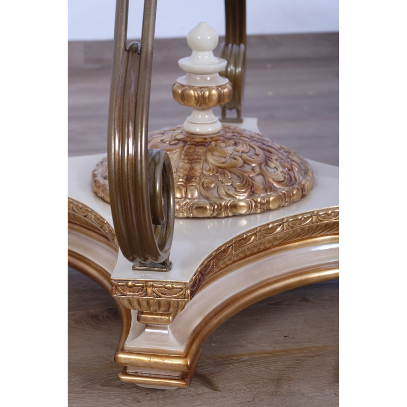Antique Beige & Gold Mahogany Glass End Table with Storage