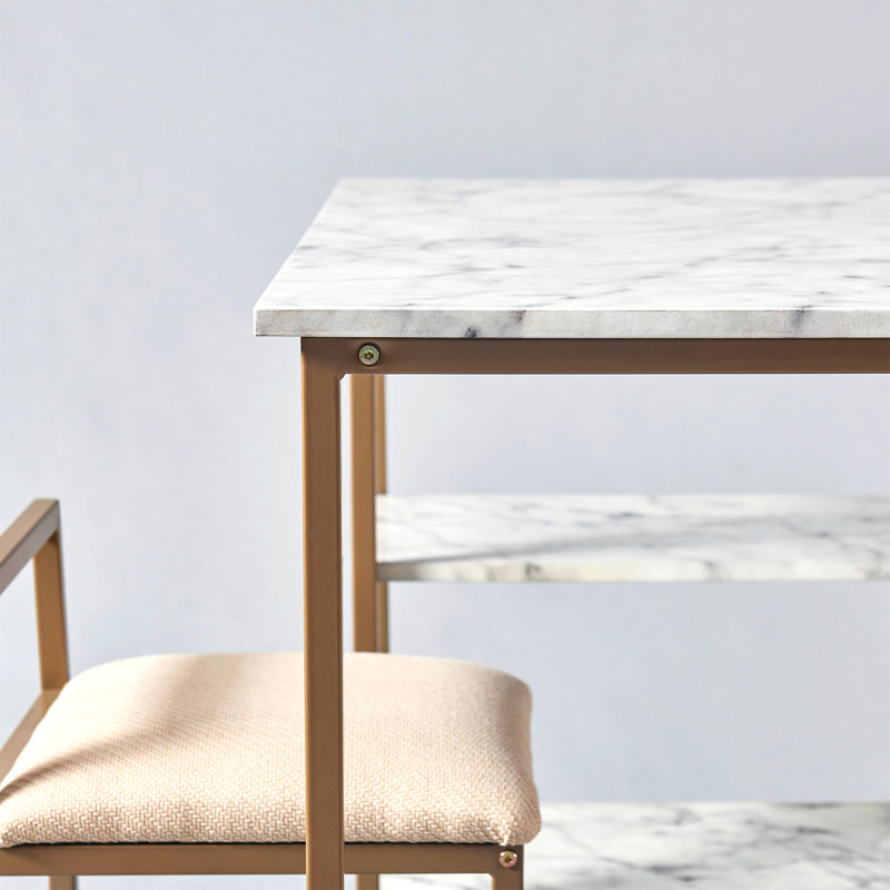 Elegant Faux Marble & Brass Finish Bistro Dining Set with 2 Padded Chairs