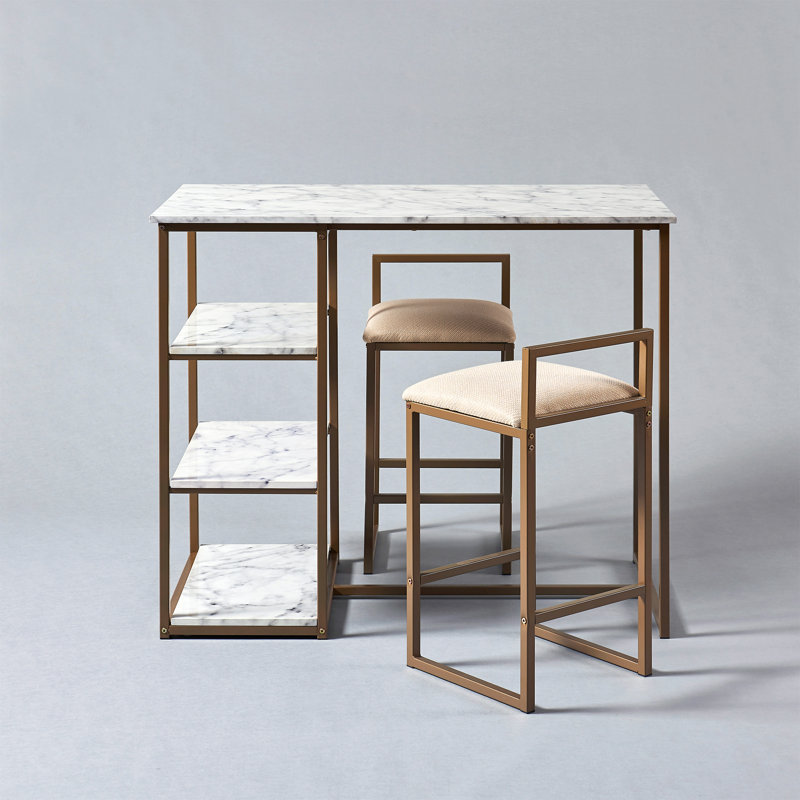 Elegant Faux Marble & Brass Finish Bistro Dining Set with 2 Padded Chairs