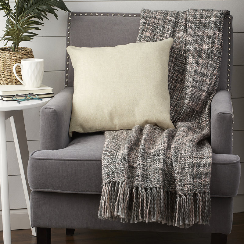 Gray Cotton Reversible Throw Blanket with Fringe