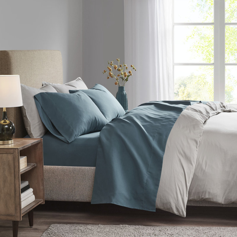 California King Blue Cotton Polyester Microfiber Sheet Set