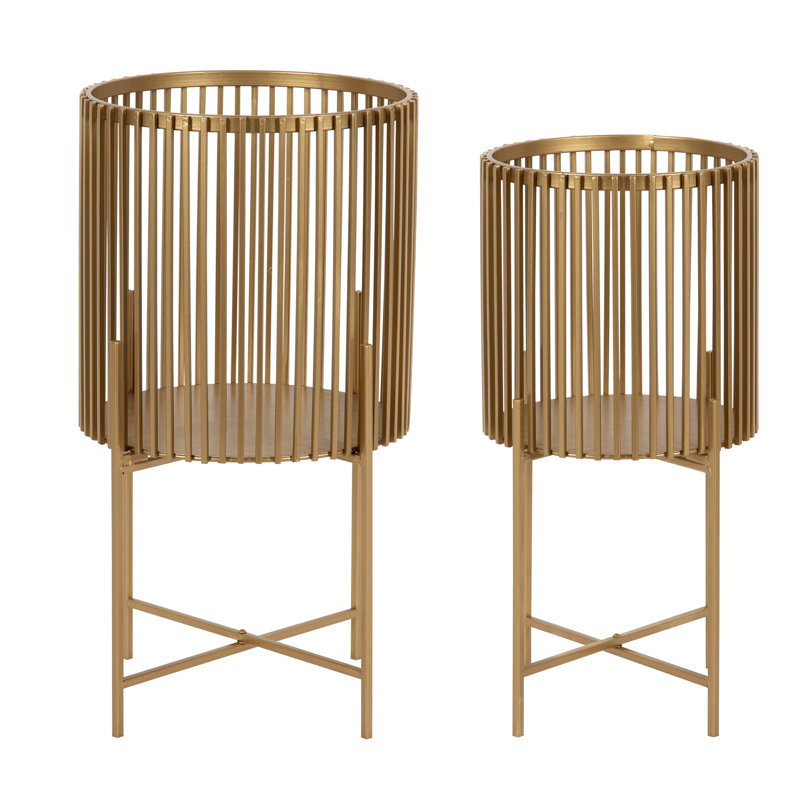 Gold Metal Cylindrical Plant Stands - Set of 2