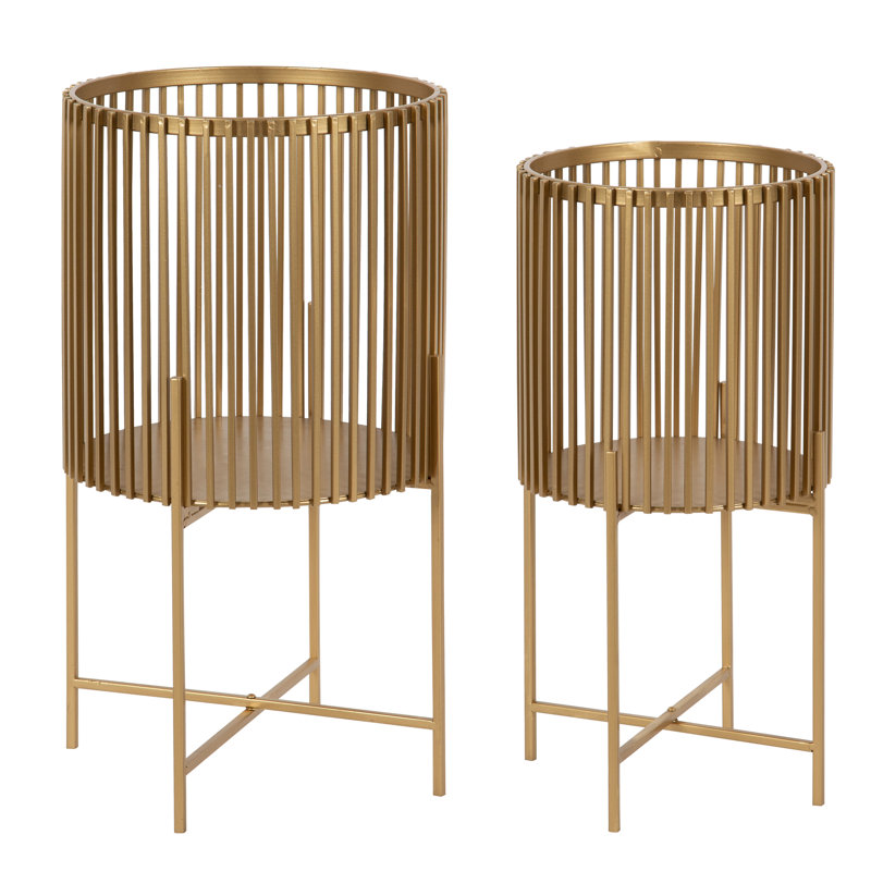Gold Metal Cylindrical Plant Stands - Set of 2