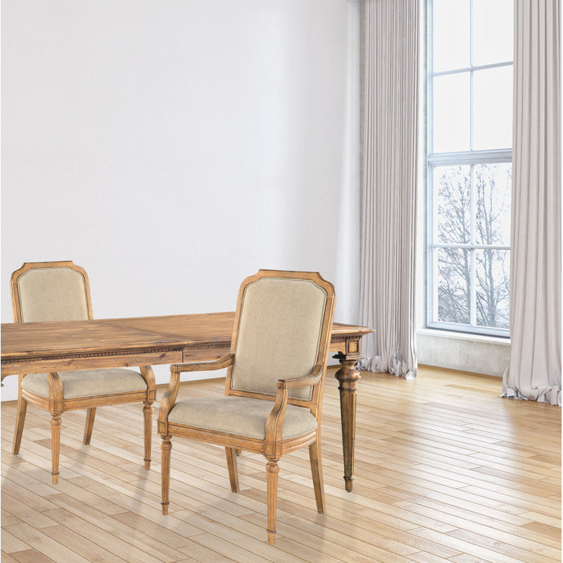 Beige Linen Upholstered Arm Chair with Wooden Legs