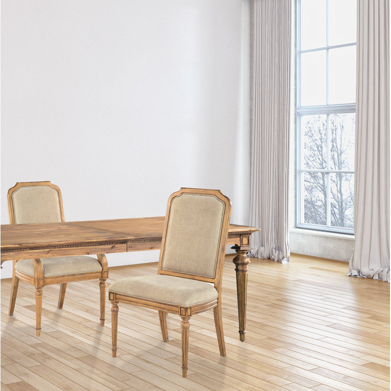 Beige Linen Upholstered Wood Side Chair with Classic Modern Twist