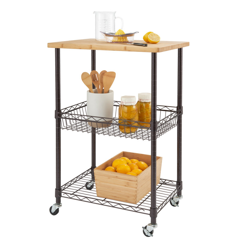 24" Dark Bronze Steel Kitchen Cart with Bamboo Top and Adjustable Storage