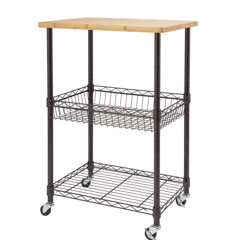 24" Dark Bronze Steel Kitchen Cart with Bamboo Top and Adjustable Storage