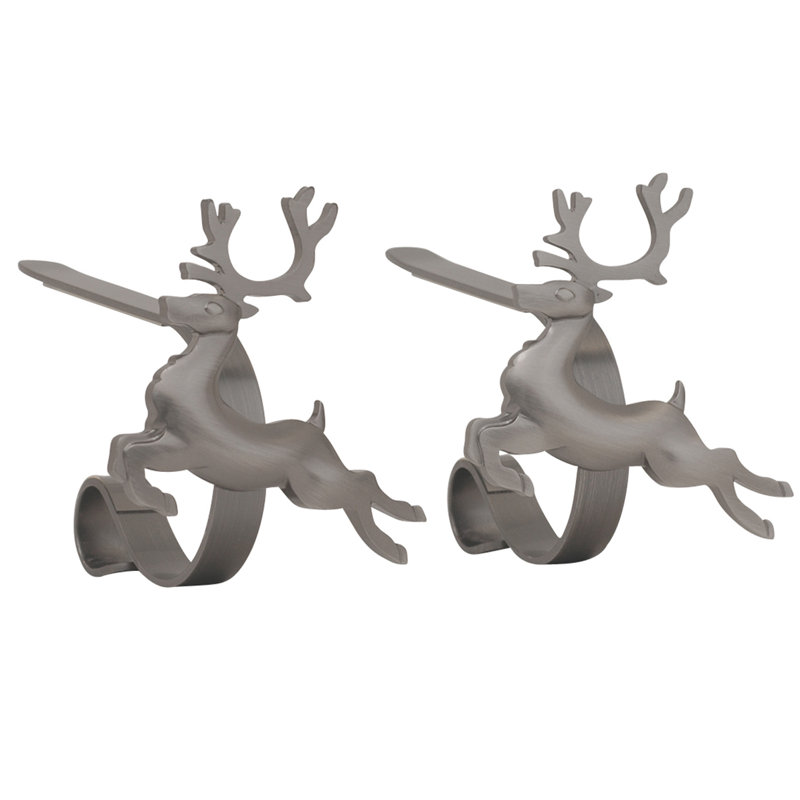 Pewter Reindeer Metal MantleClip Stocking Holders, 2-Pack