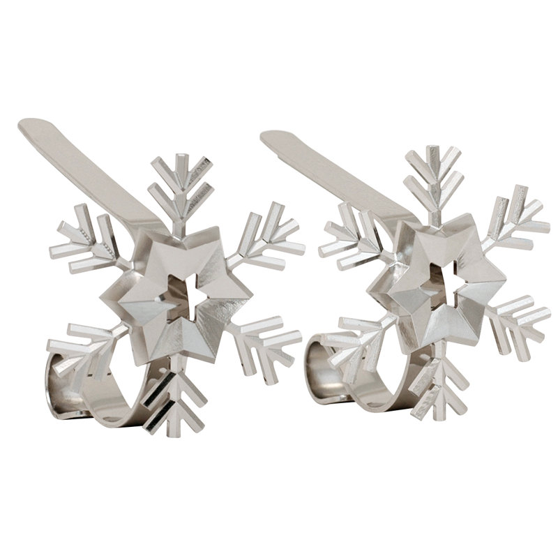 Silver Snowflake Zinc Alloy MantleClip Stocking Holders, 2-Pack