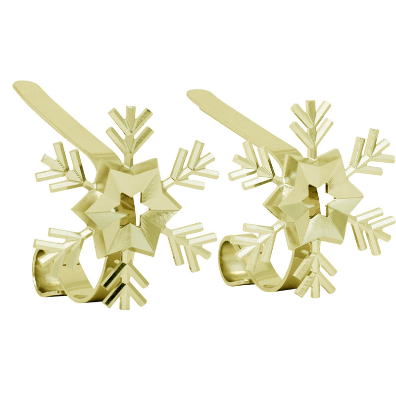 Gold Snowflake Steel MantleClip Stocking Holders, 2-Pack