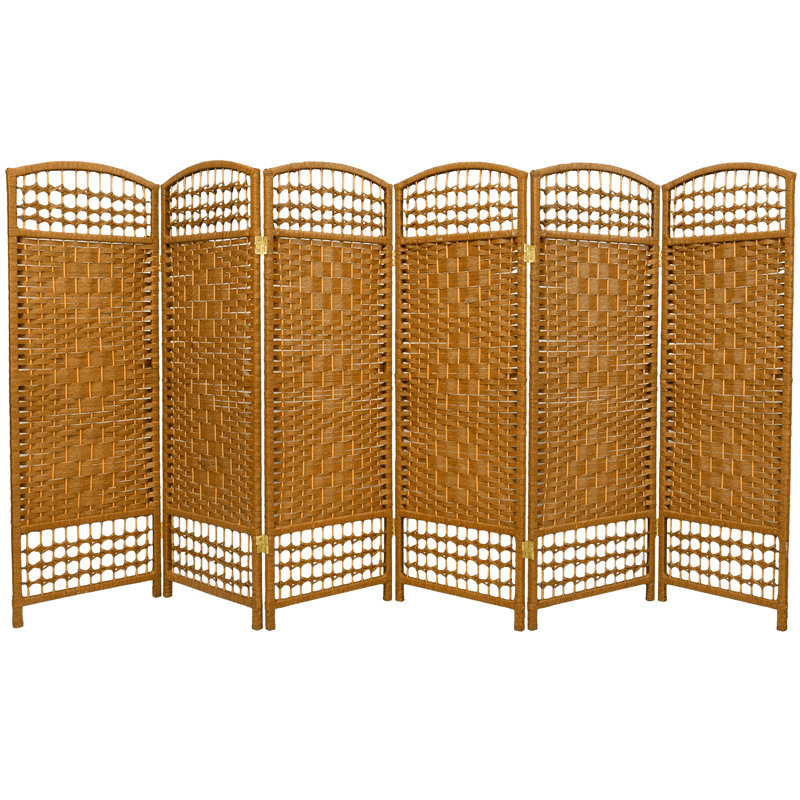 Spruce Wood and Light Beige Fiber Weave 6-Panel Folding Room Divider