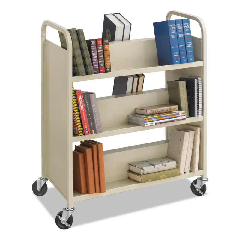 Sand Powder-Coated Steel 6-Shelf Double-Sided Book Cart