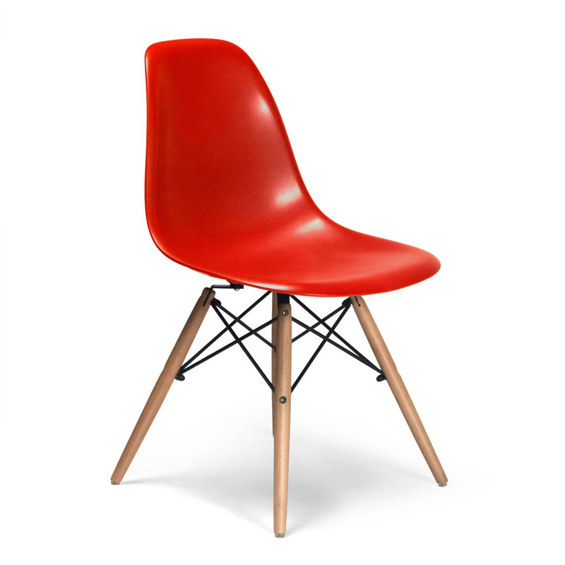 Red Plastic Bucket Seat Side Chair with Walnut Legs, Set of 2