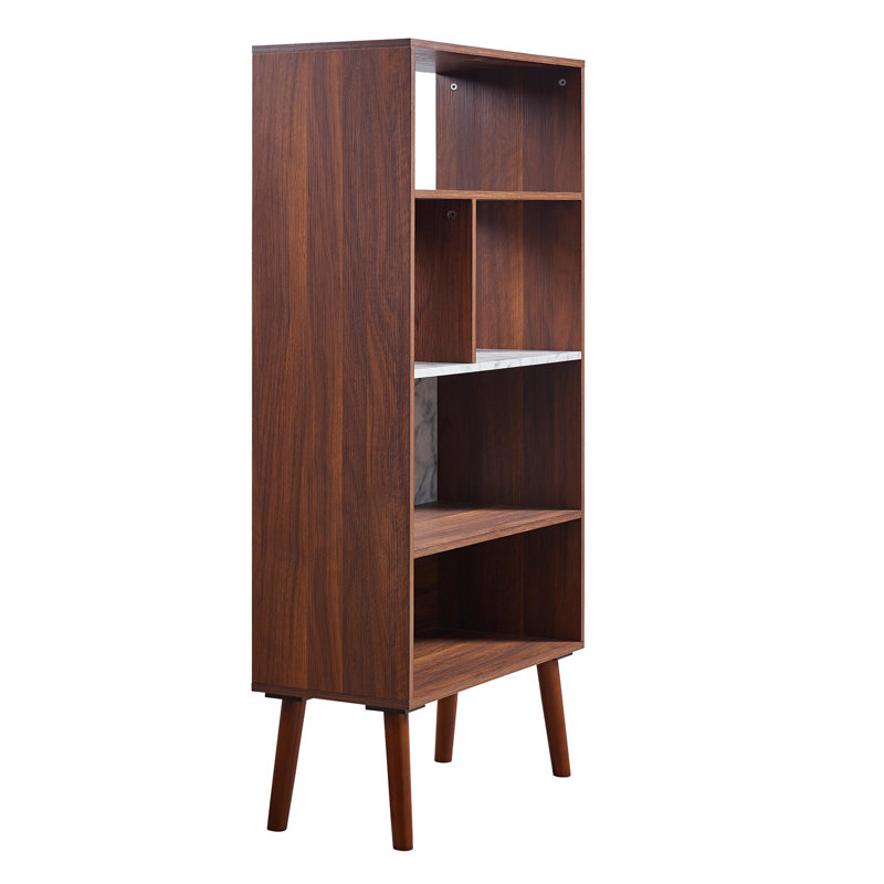 Kingston Mid-Century Modern White Walnut Bookcase with Faux Marble Top