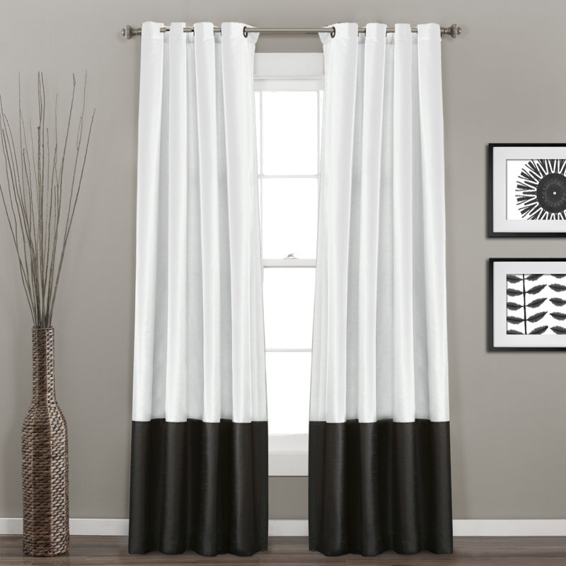 White and Black Faux Silk Light-Filtering Grommet Curtains, 54" x 95"
