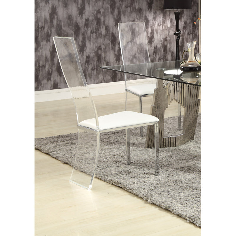 Layla Chic High-Back White Faux Leather Side Chair with Acrylic Detail