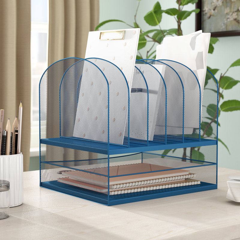 Blue Steel Mesh Desktop Organizer with Trays and Sections