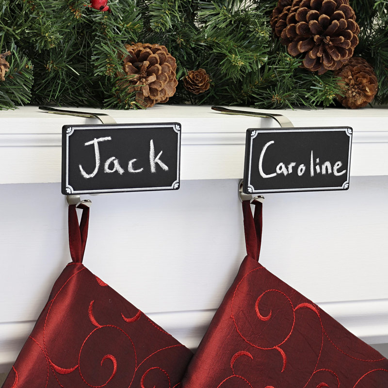 Silver Metal MantleClip Stocking Holders with Chalkboard, 4-Pack