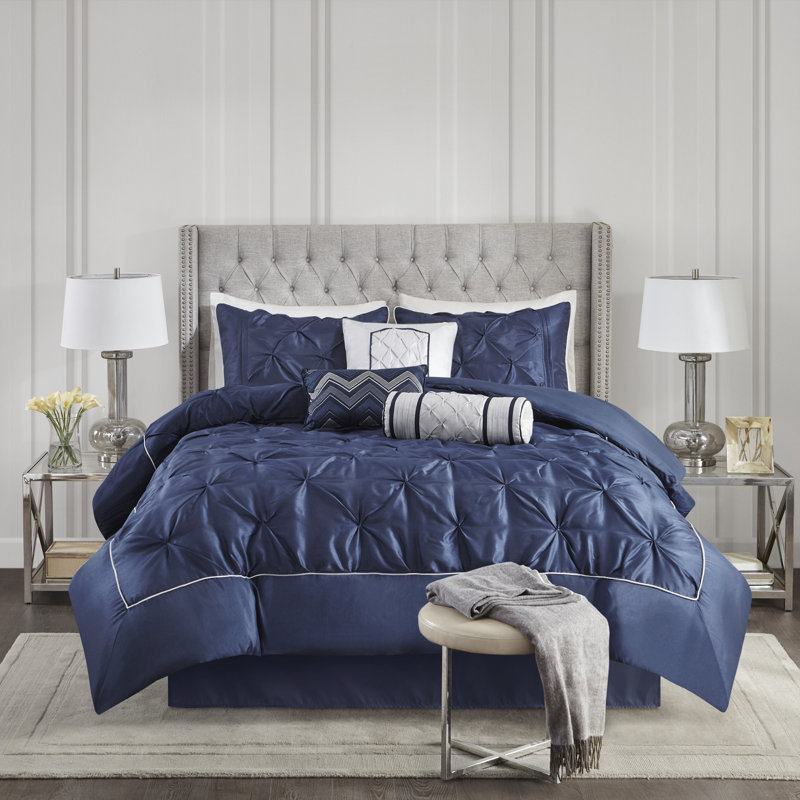 Navy Pintuck Embellished California King Comforter Set