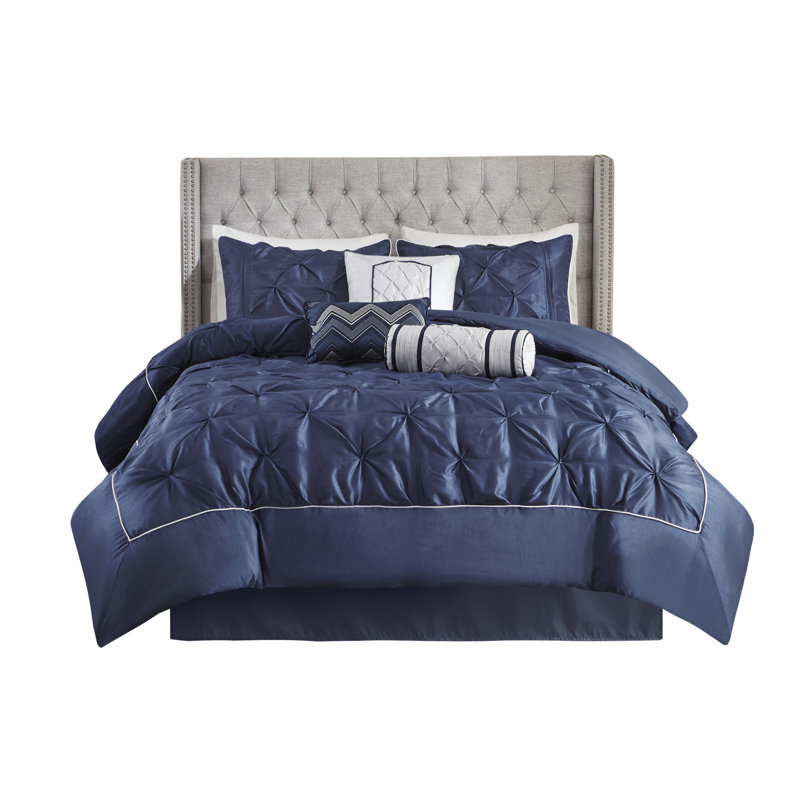Navy Pintuck Embellished California King Comforter Set