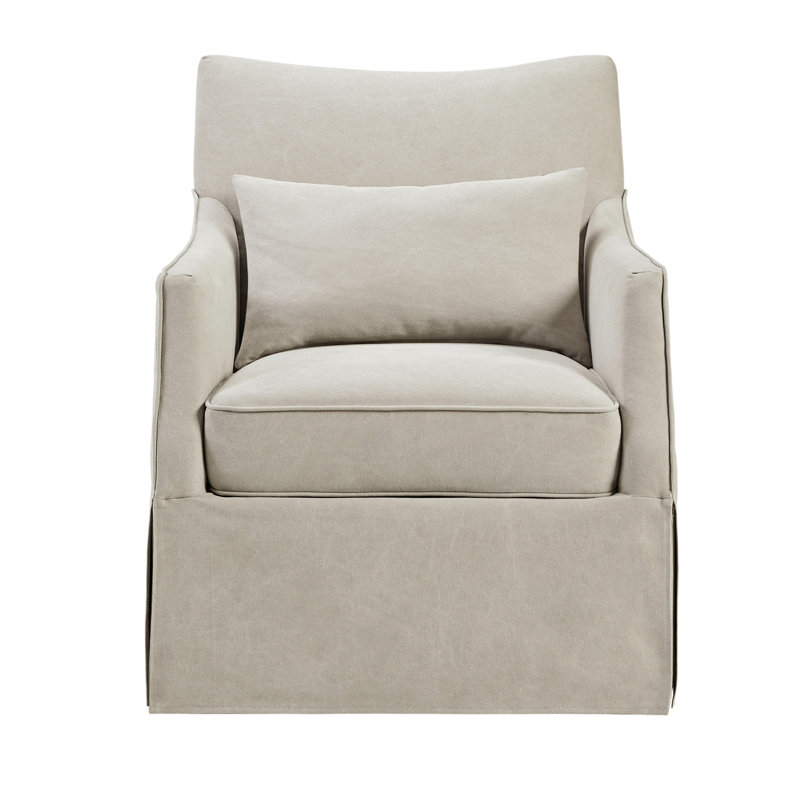 Beige Transitional Skirted Swivel Chair with Lumbar Pillow