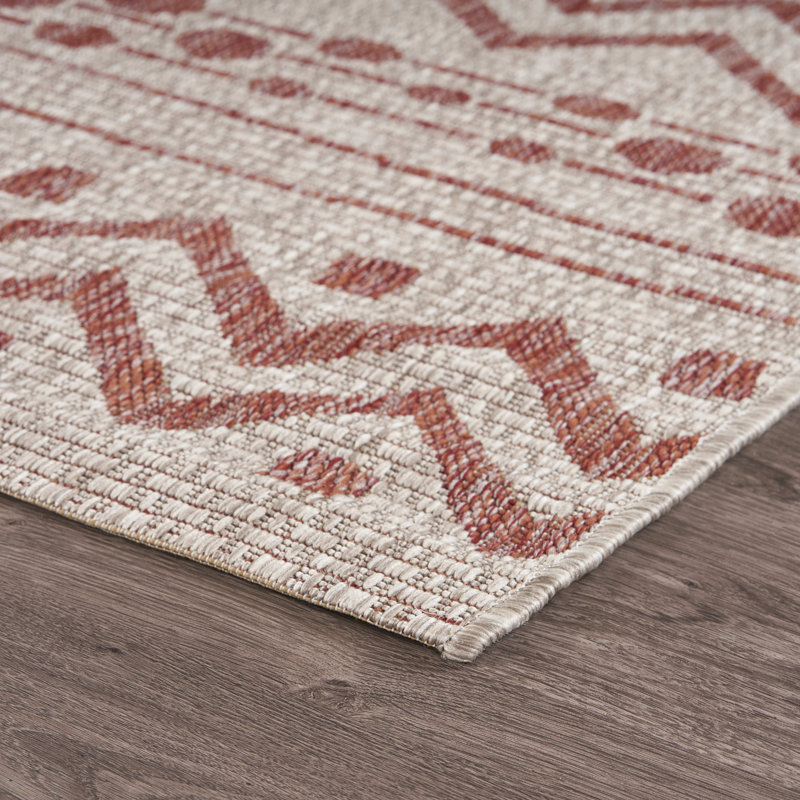 Sunshower Chevron Red & Beige 1'10" x 3' Synthetic Indoor/Outdoor Rug