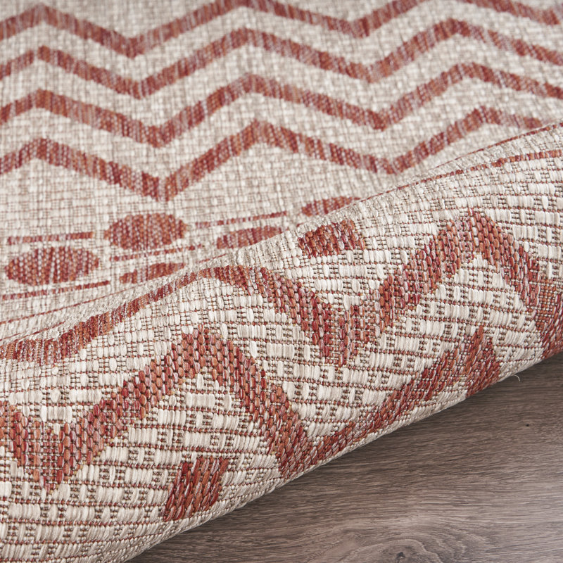 Sunshower Chevron Red & Beige 1'10" x 3' Synthetic Indoor/Outdoor Rug