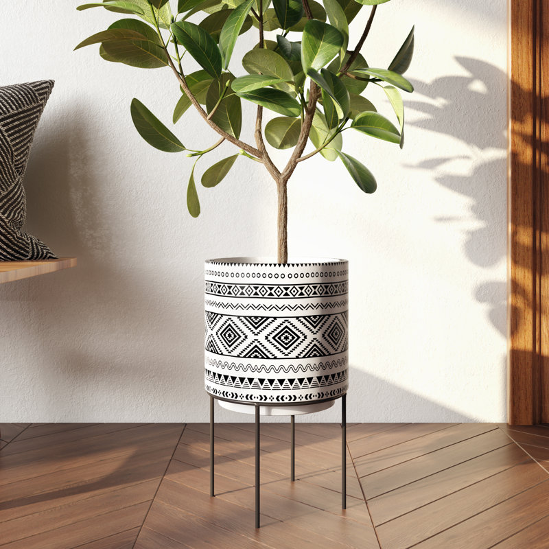 Mateo 14" Black & White Ceramic Planter with Metal Stand