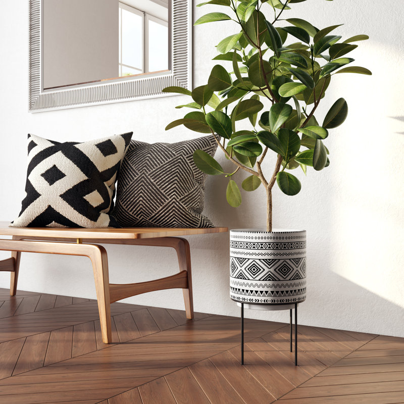 Mateo 14" Black & White Ceramic Planter with Metal Stand