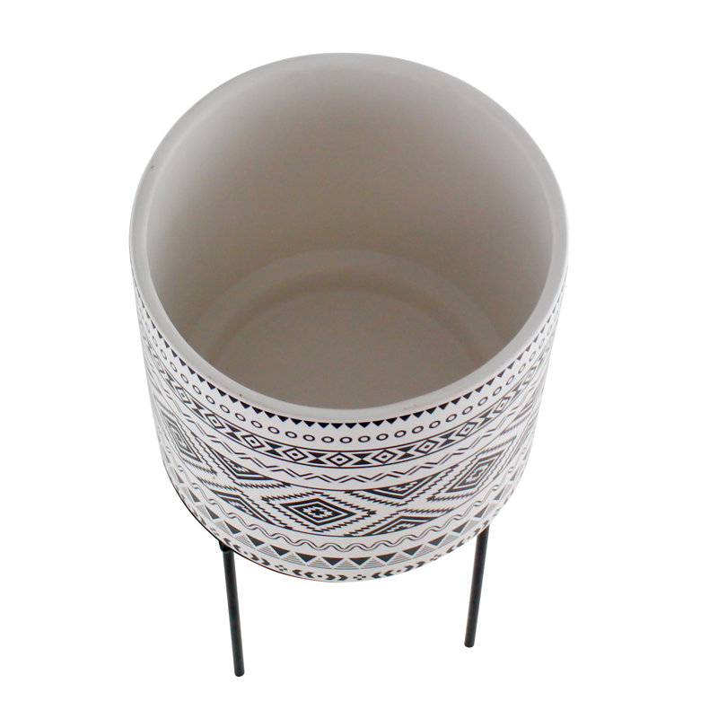 Mateo 14" Black & White Ceramic Planter with Metal Stand
