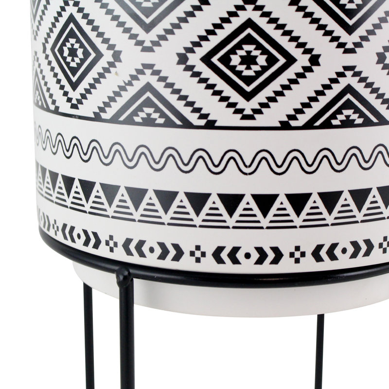 Mateo 14" Black & White Ceramic Planter with Metal Stand