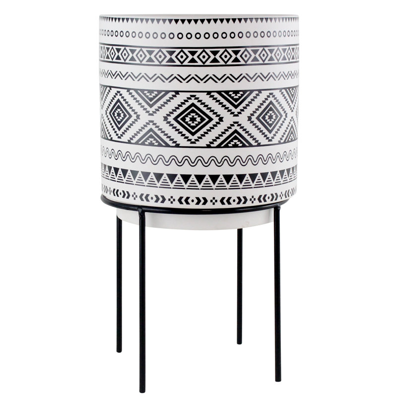 Mateo 14" Black & White Ceramic Planter with Metal Stand