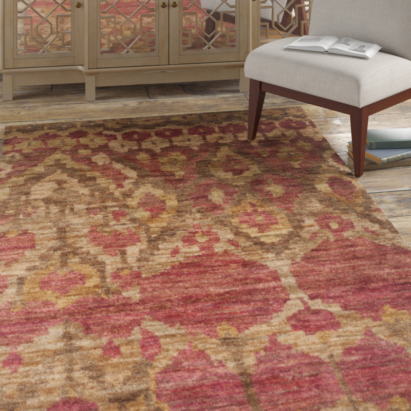 Hand-Knotted Red Ikat Print Bohemian Area Rug