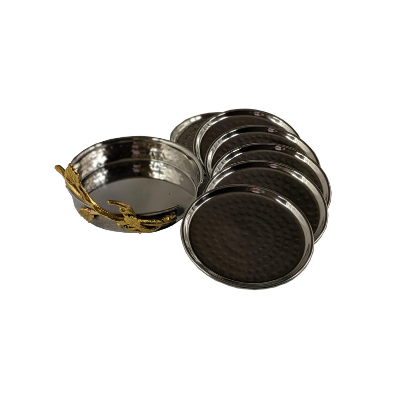 Elegant Stainless Steel and Gold Vine Coaster Set with Holder