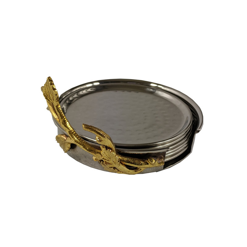 Elegant Stainless Steel and Gold Vine Coaster Set with Holder
