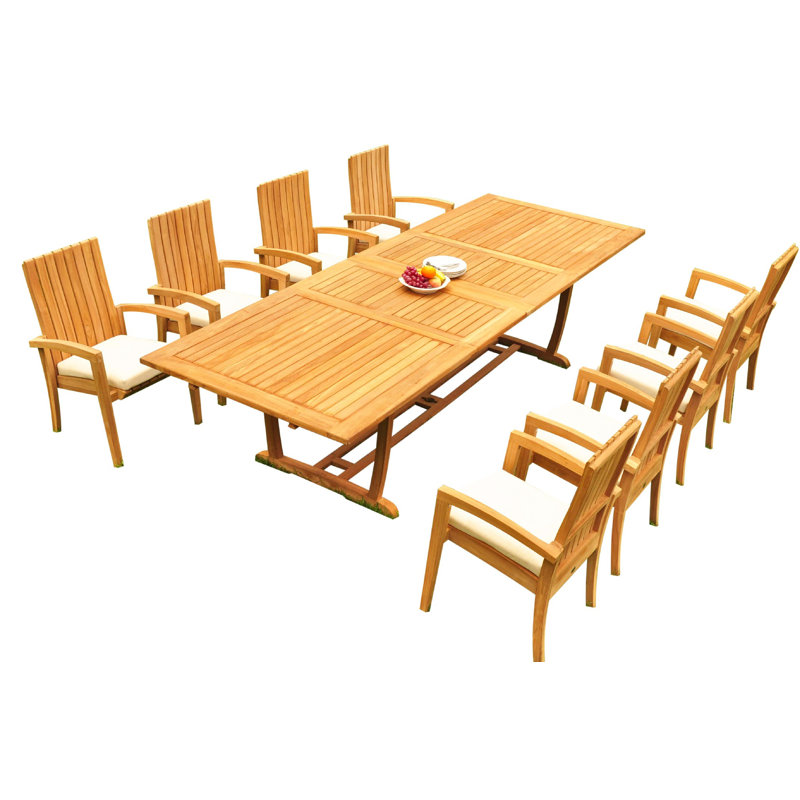 Teak 13-Piece Extendable Rectangular Dining Set with Stackable Chairs