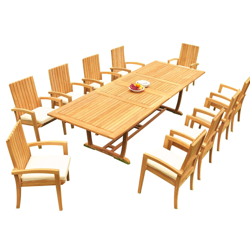Teak 13-Piece Extendable Rectangular Dining Set with Stackable Chairs