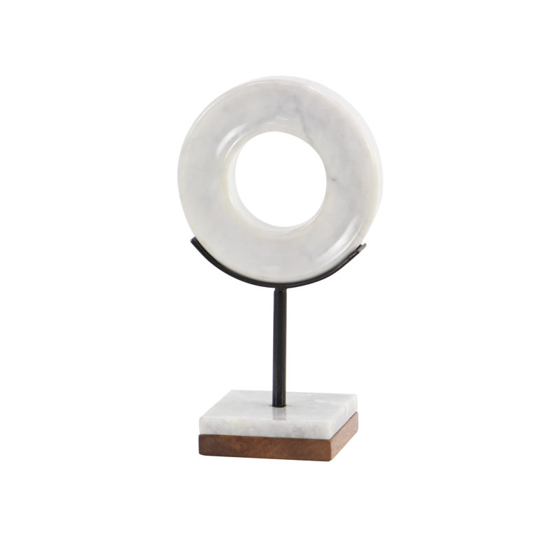 White Marble Ring Sculpture with Wood Base