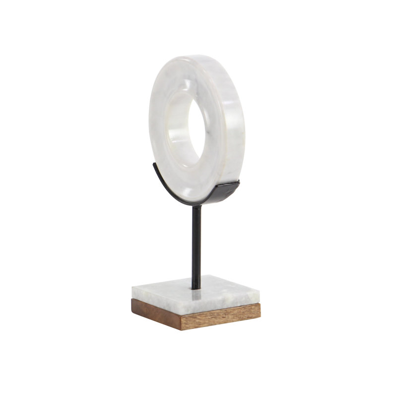 White Marble Ring Sculpture with Wood Base