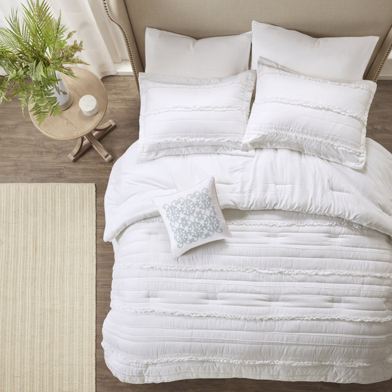 Celeste White Microfiber King Comforter Set with Ruffles