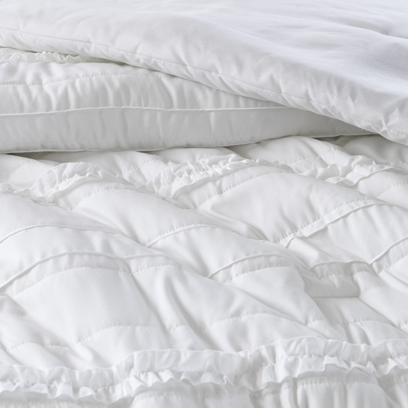 Celeste White Microfiber King Comforter Set with Ruffles