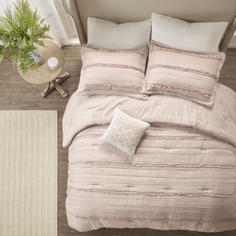 Celeste White Microfiber King Comforter Set with Ruffles