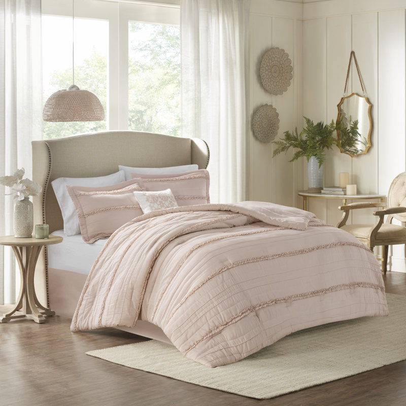 Celeste White Microfiber King Comforter Set with Ruffles