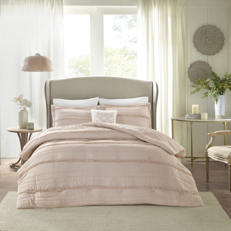 Celeste White Microfiber King Comforter Set with Ruffles