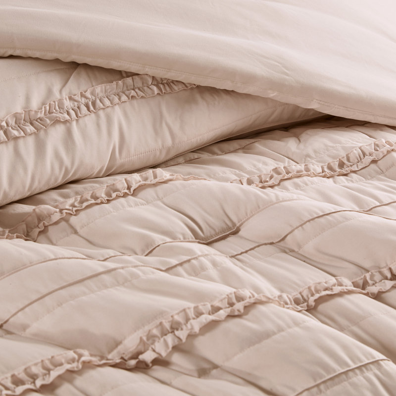 Celeste White Microfiber King Comforter Set with Ruffles
