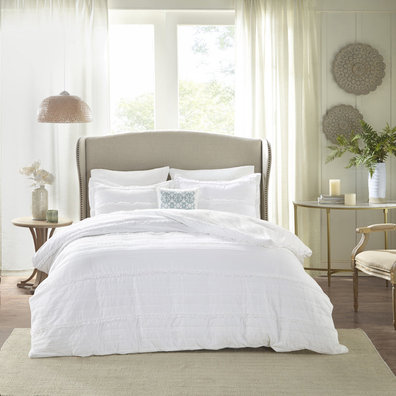 White Ruffled Microfiber King/Cal King 4-Piece Duvet Set