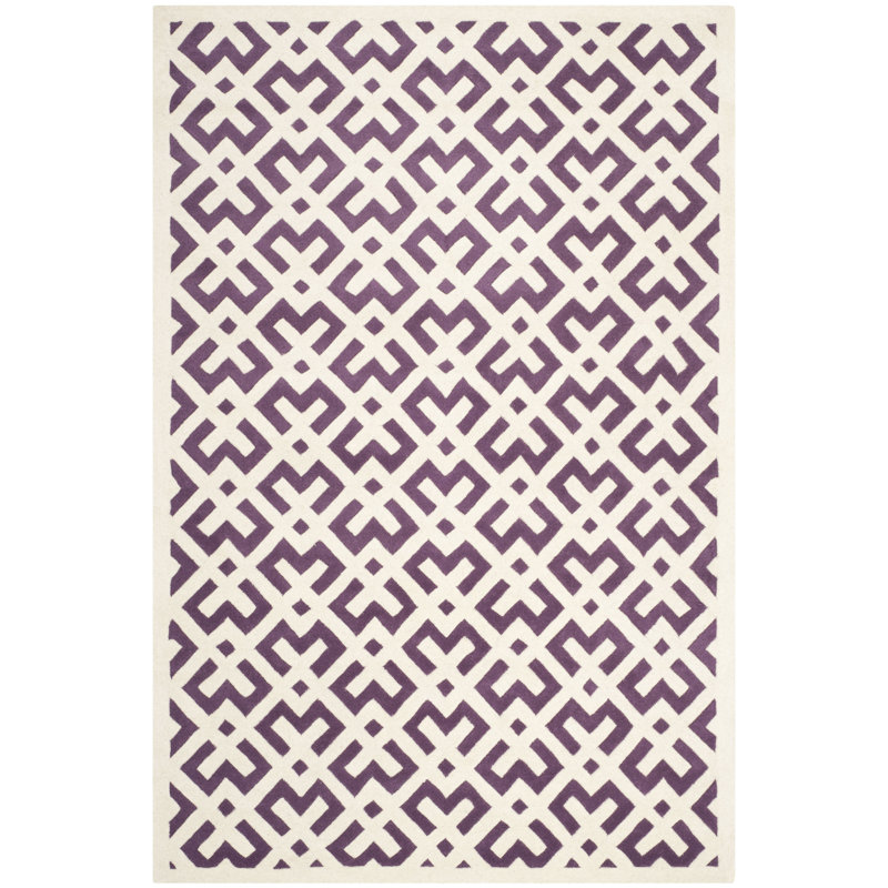 Purple and Ivory Geometric Hand-Tufted Wool 4' x 6' Area Rug