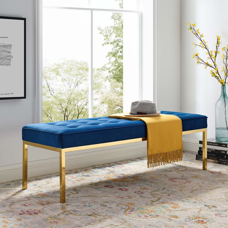 Mid-Century Modern Teal Performance Velvet Bench with Gold Stainless Steel Legs