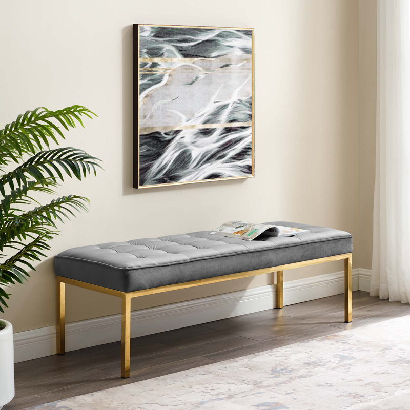 Mid-Century Modern Teal Performance Velvet Bench with Gold Stainless Steel Legs