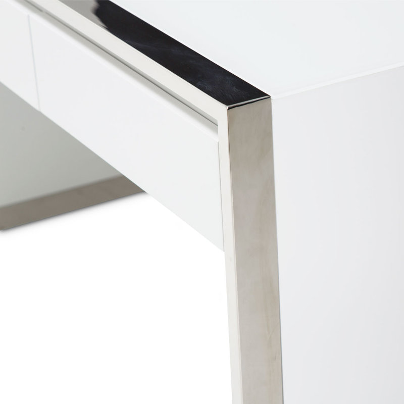 White and Silver Glass Home Office Desk with Drawers